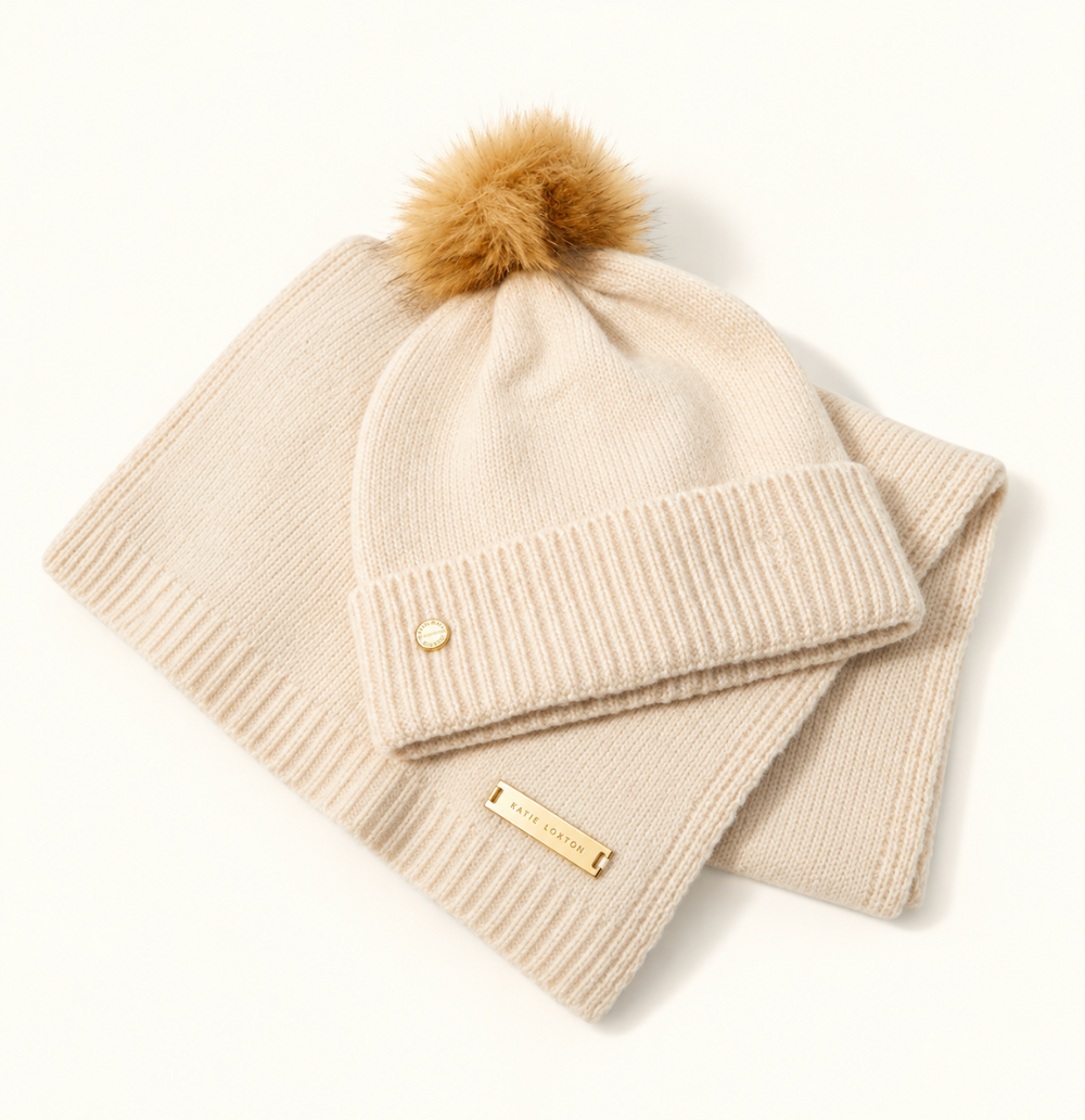 Katie Loxton Eggshell Fine Knitted Hat and Scarf Set with faux fur pom pom, ribbed knit trim and gold logo details