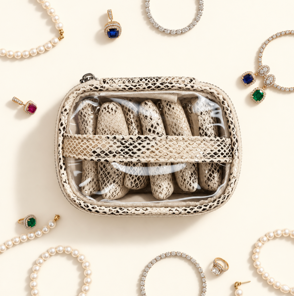 op view of Safari Sands Getaway Jewelry Case showing clear PVC lid, cream snakeskin print trim, and six removable jewelry pouches surrounded by jewelry on a cream background.