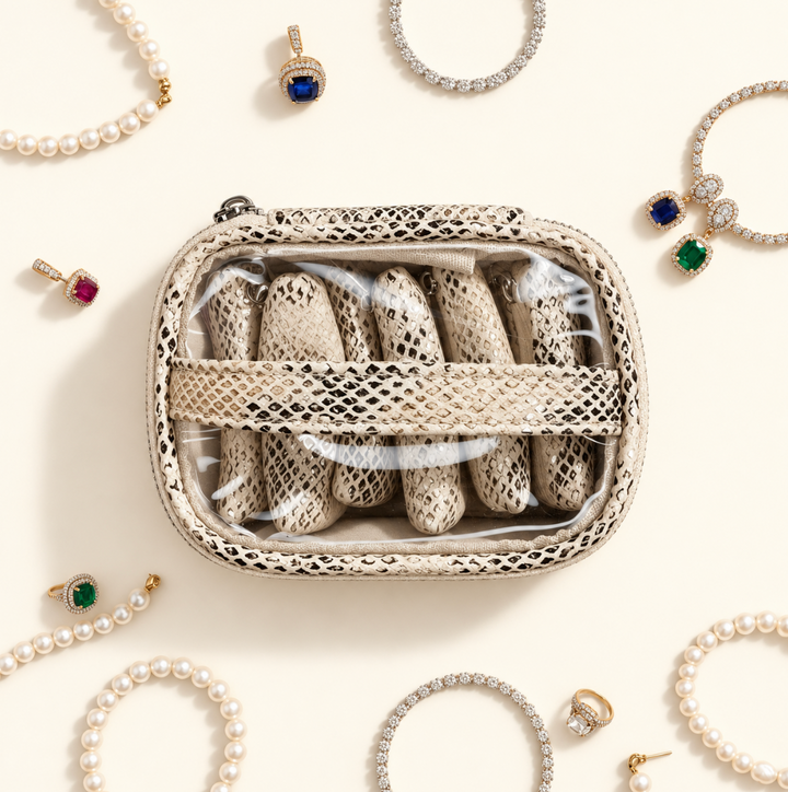 op view of Safari Sands Getaway Jewelry Case showing clear PVC lid, cream snakeskin print trim, and six removable jewelry pouches surrounded by jewelry on a cream background.