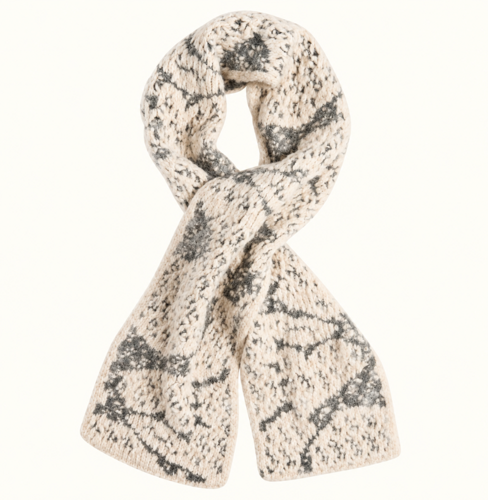 CoCo + Carmen Blizzard Season Scarf in grey and cream featuring a cozy, chunky knit texture with a winter-inspired pattern, styled in a loop on a cream studio background.