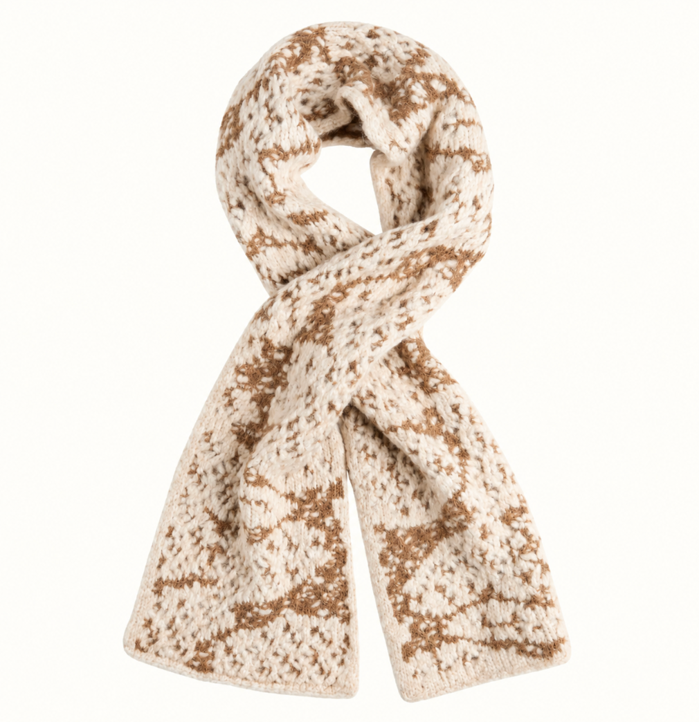 CoCo + Carmen Blizzard Season Scarf in beige and cream featuring a soft, chunky textured knit with a neutral winter-inspired pattern, styled in a loop on a cream studio background.