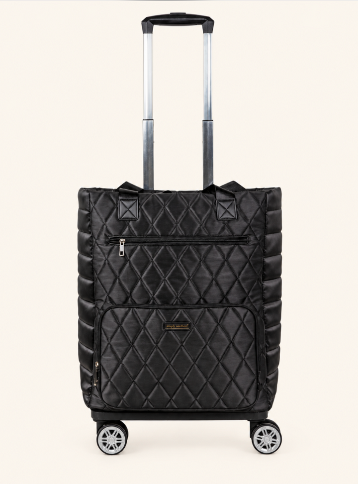 Simply Southern black quilted swivel rolling tote bag with diamond stitching, front zipper pockets, telescoping handle, and four spinner wheels.