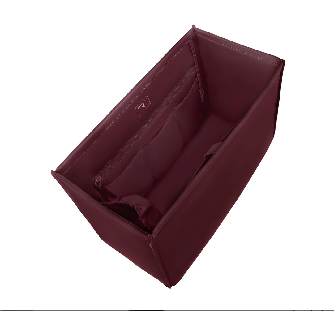 Burgundy Case-Mate jelly tote bag organizer with zipper pocket and multiple interior storage compartments.