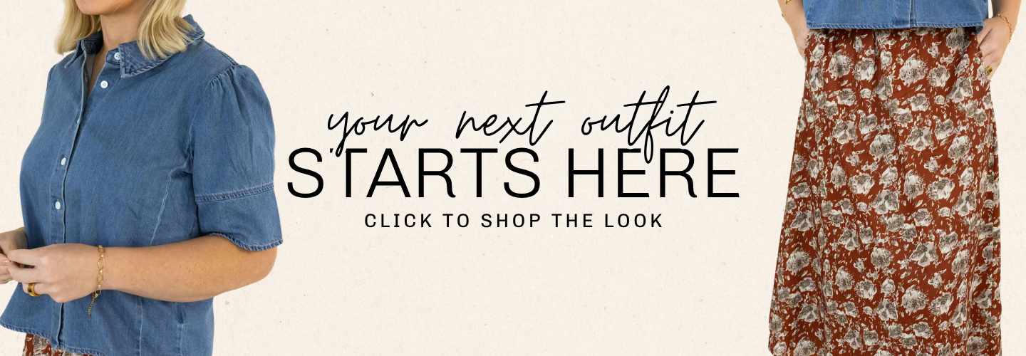 Promotional banner featuring a woman in a blue short-sleeve button-up shirt on the left and a woman wearing a rust-orange floral maxi skirt on the right, with the text 'your next outfit STARTS HERE' and 'CLICK TO SHOP THE LOOK' on a light beige background | Square 1 Boutique |  Brent, AL