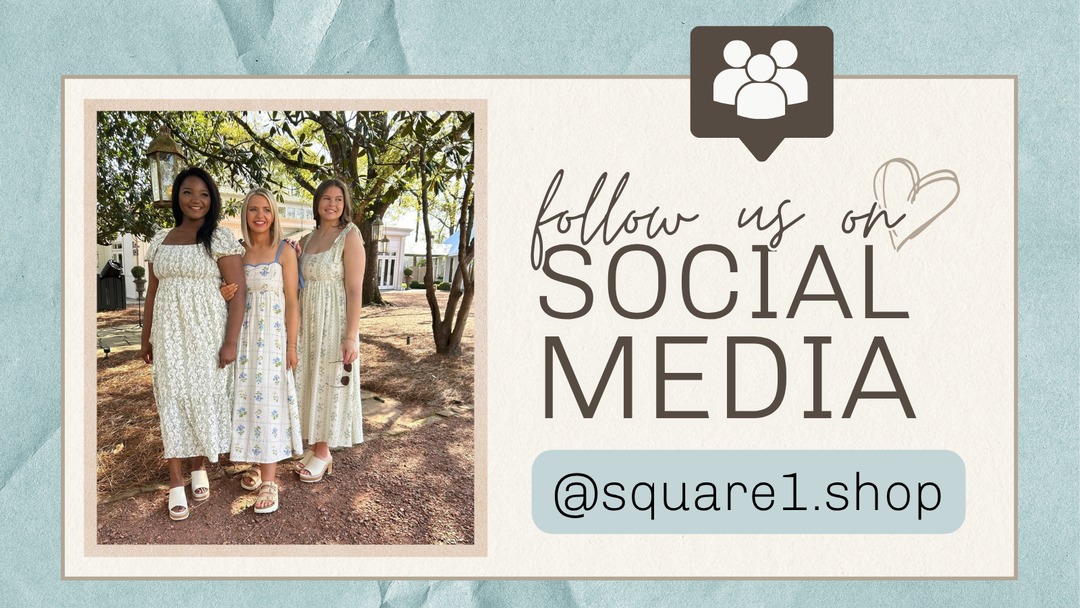 Four women in white dresses standing outdoors with a call to follow them on social media | Square 1 Boutique | Brent, AL