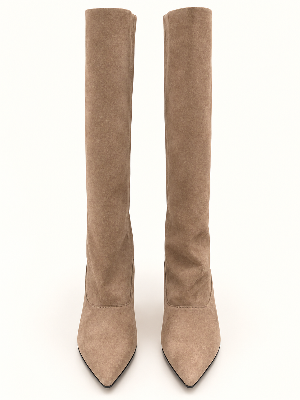 Front view of women's taupe suede knee-high boots with pointed toes, tall straight shafts, and subtle ankle stitching displayed side by side on a cream studio background.