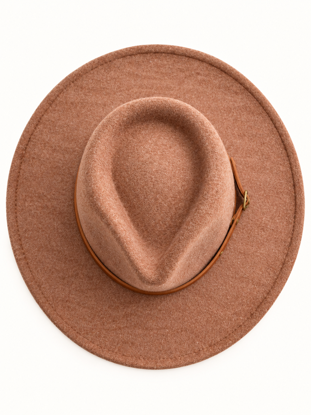 Overhead view of warm brown felt western fedora hat showing the pinched teardrop crown, textured felt finish, wide stitched brim, and tan leather-style hat band on a cream background.