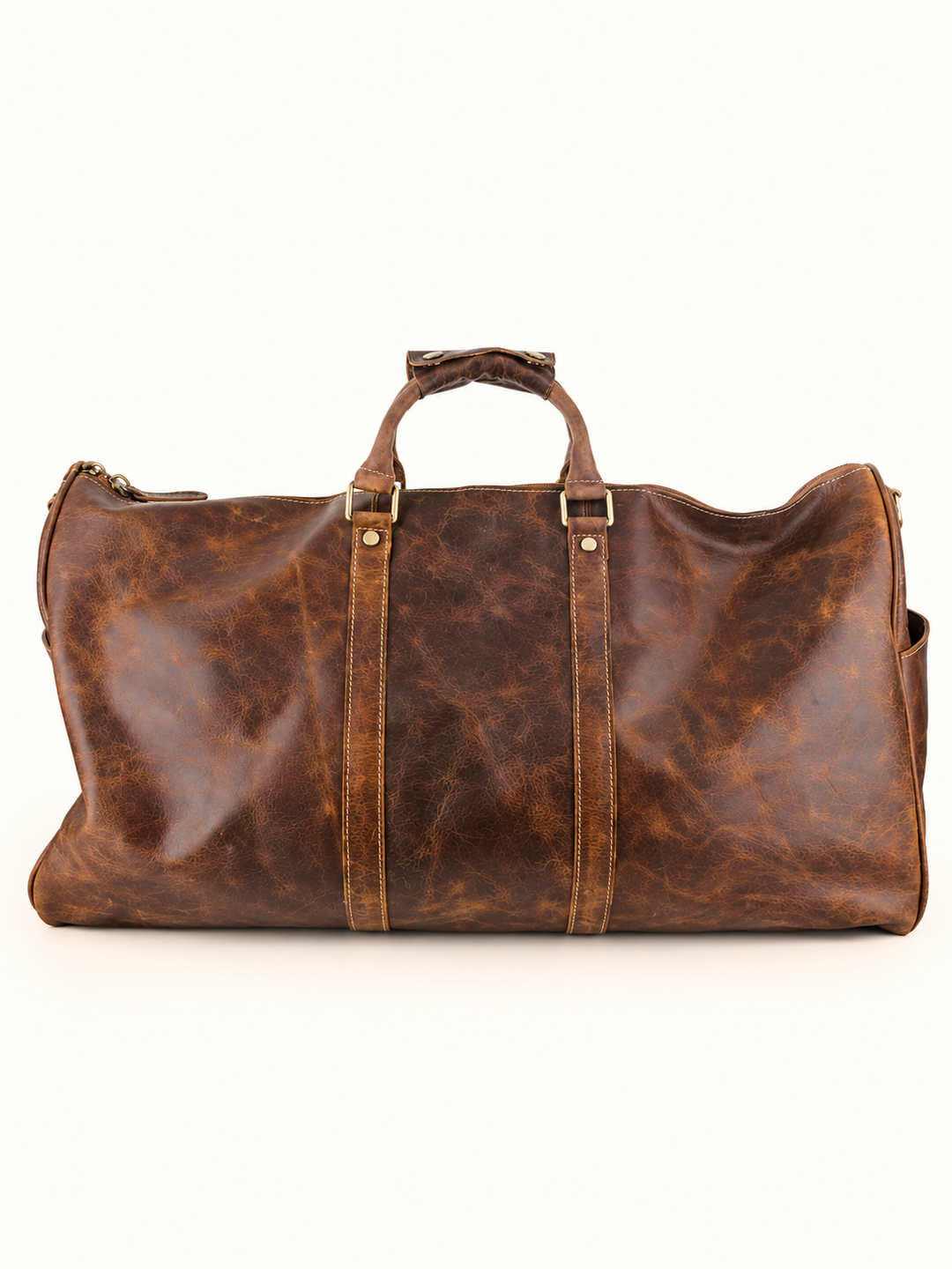 Brown leather Dusty Duffel travel bag with distressed finish, dual top handles, and zippered closure, measuring 21 x 11 x 11.5 inches.