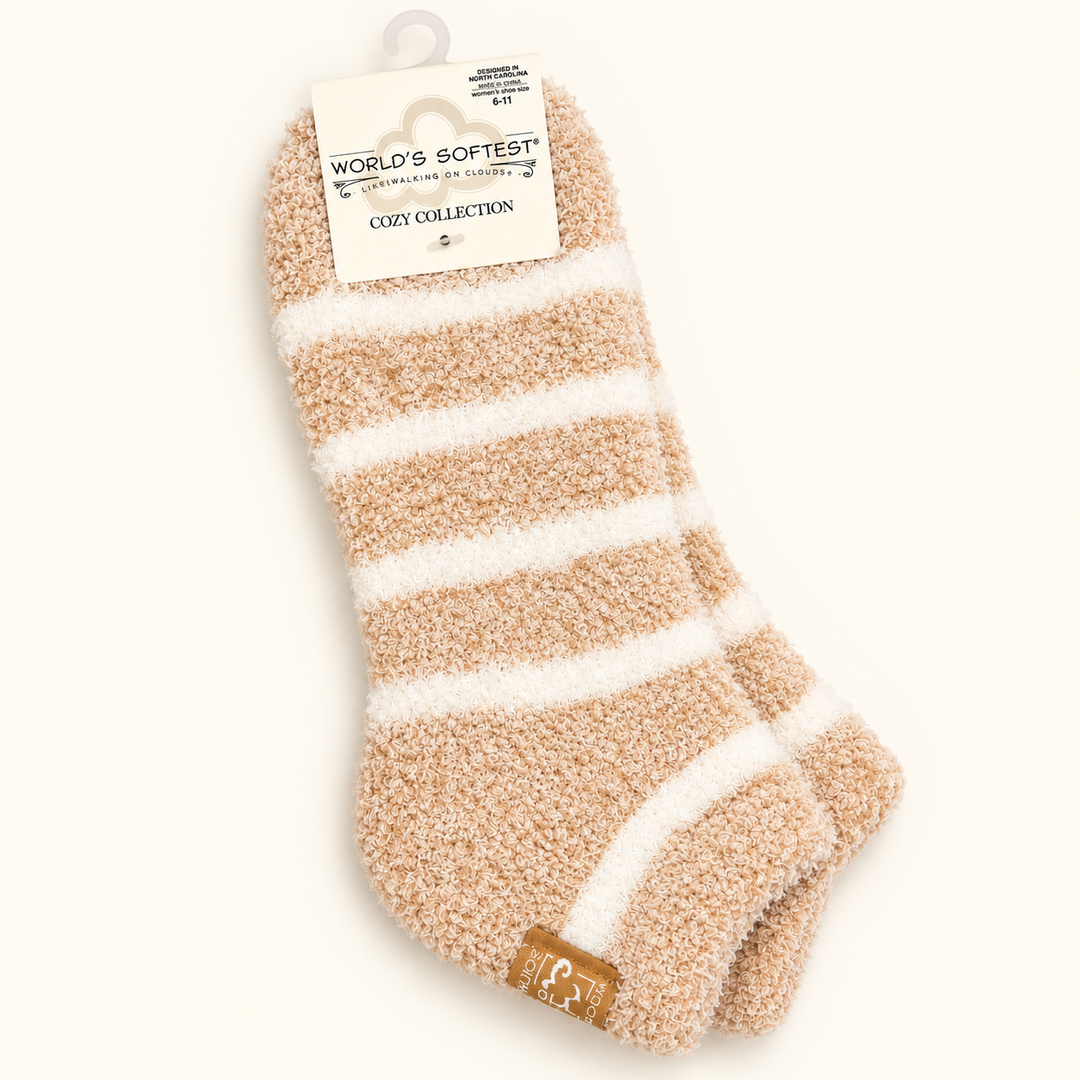 World's Softest Cozy Low Socks in Oatmeal featuring plush beige and ivory stripes, ultra-soft fuzzy knit texture, and a comfortable low-cut design.