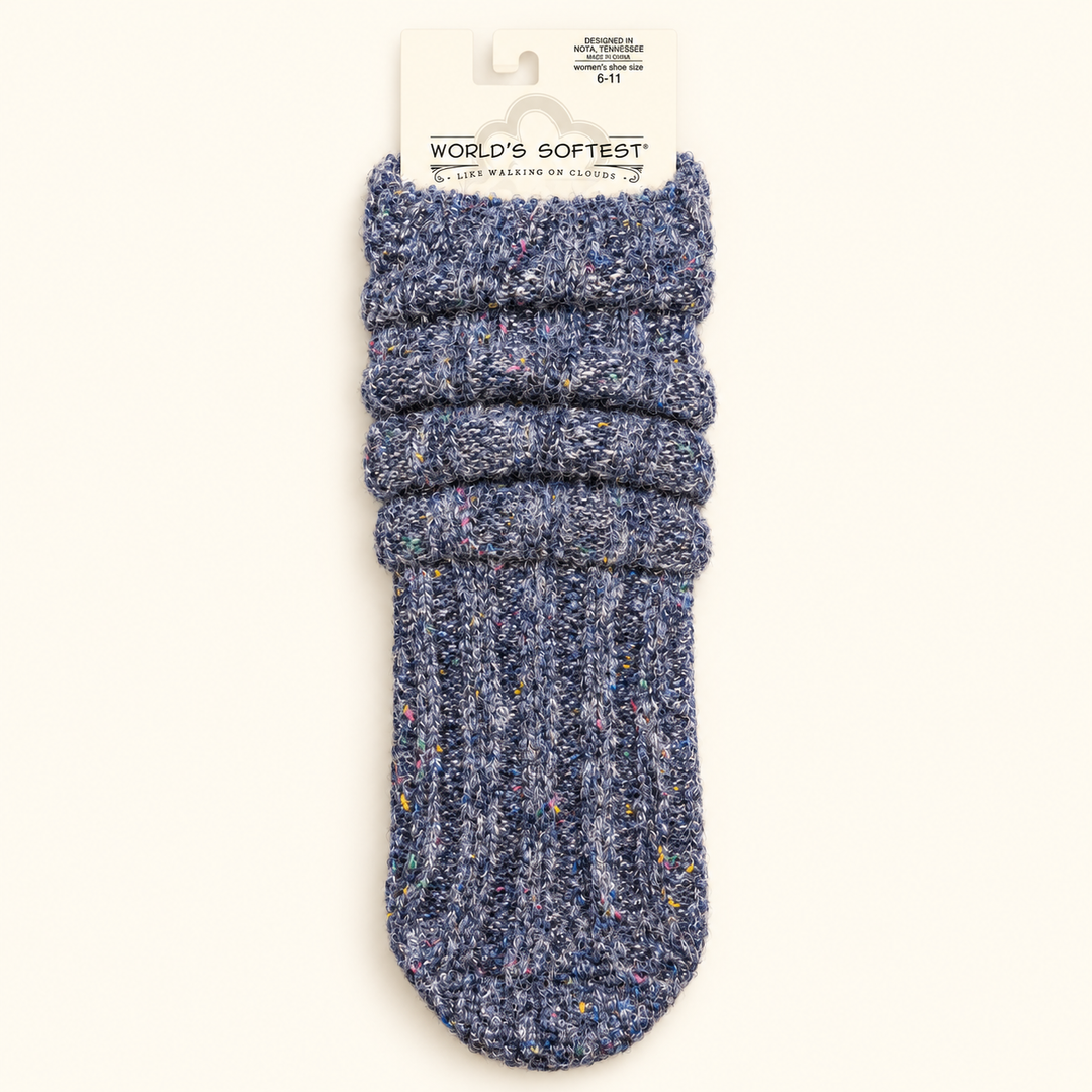 World's Softest Sweater Slouch Crew Socks in Confetti Denim featuring denim blue ribbed sweater-knit fabric, colorful confetti flecks, and a cozy slouchy design.