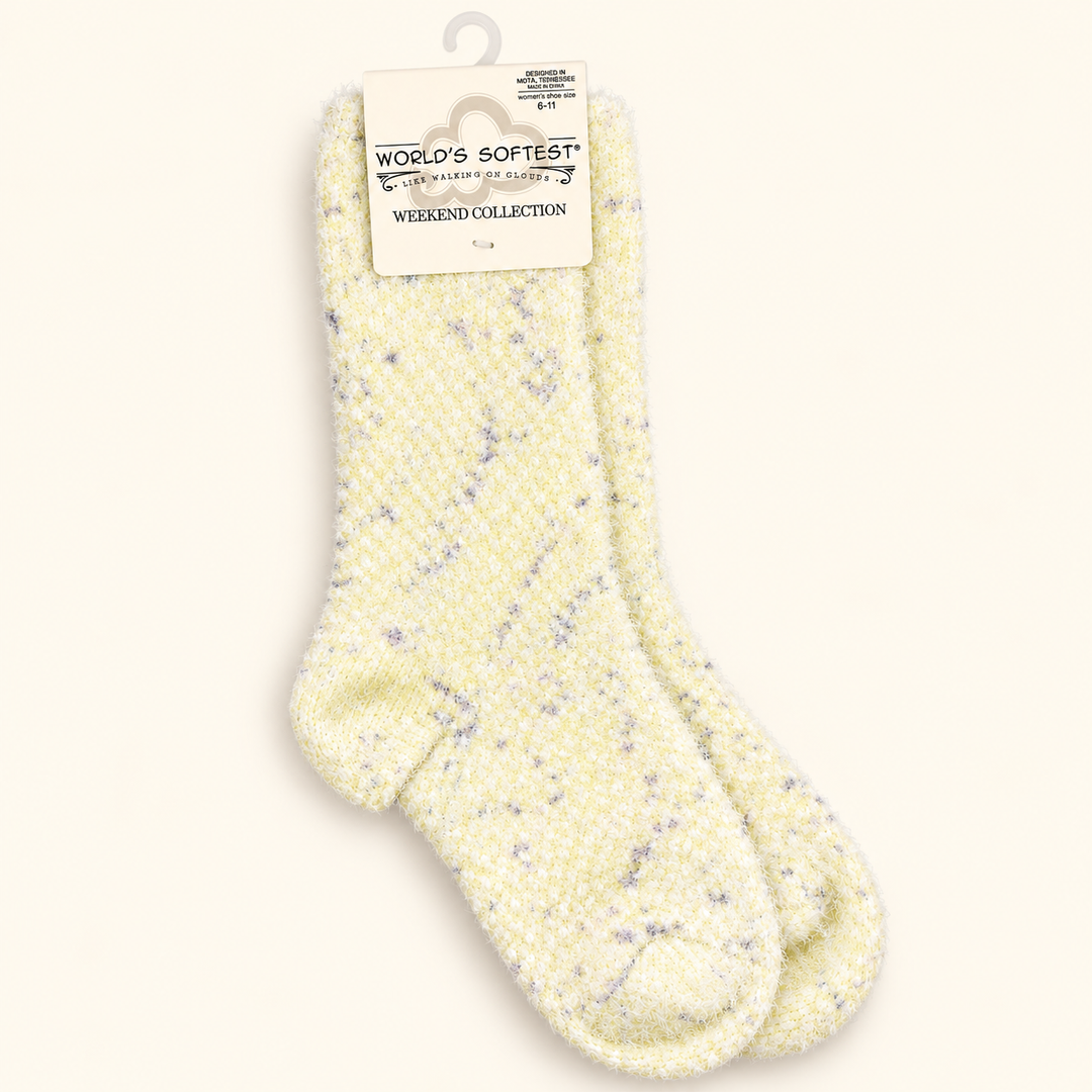 World's Softest Feather Crew Socks in Ivory featuring an ultra-soft fluffy knit texture with subtle multicolored speckles and cozy crew-length design.