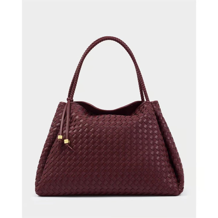 Katie Loxton Nova Hand Woven Large Shoulder Bag in Cherry Mixed with rich burgundy woven texture, braided handles and gold-tone details.