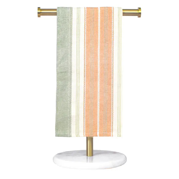 Harvest Stripe Hand Towel with orange, green, and cream stripes for fall and Thanksgiving kitchen decor