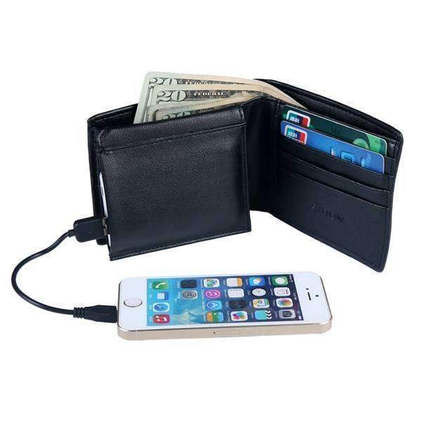 Black leather wallet with phone charging cable and smartphone on a white background
