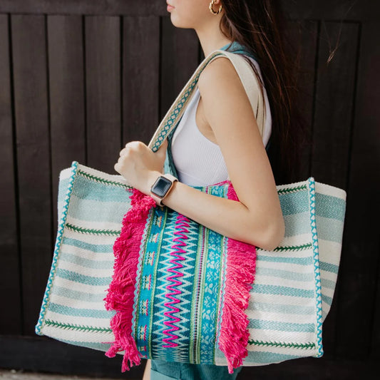Aqua Blue and Green Striped Fringe Tote Bag