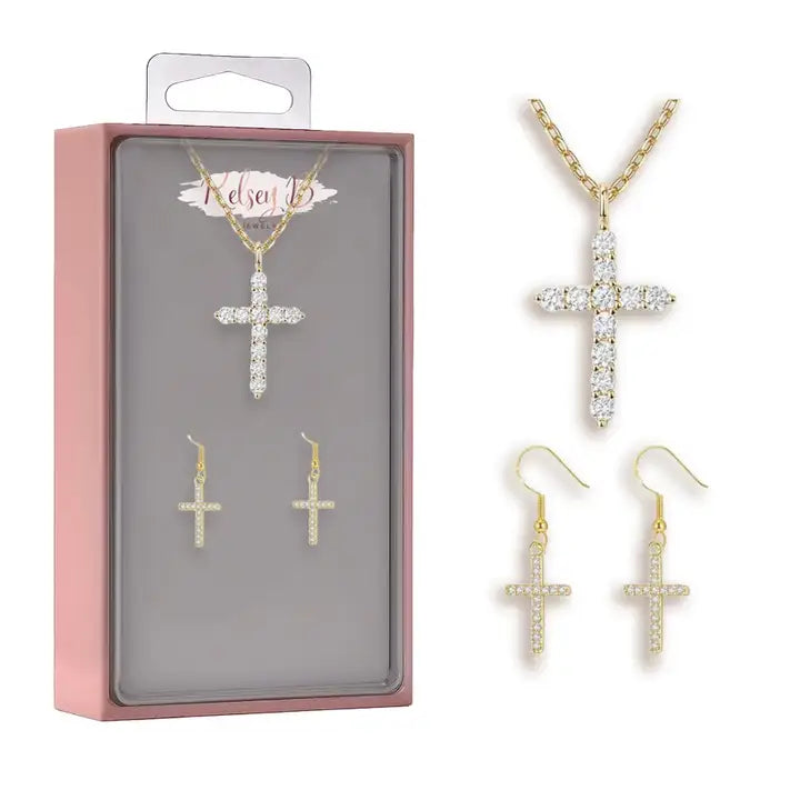 CZ Cross Necklace and Earring Box Set