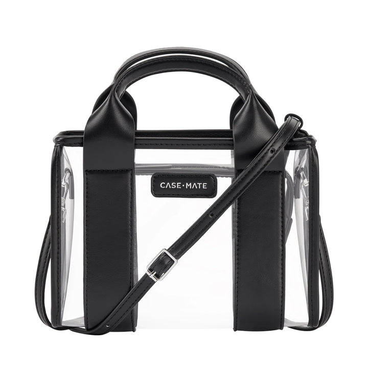 Case-Mate Clear Stadium Bag in Midnight Black with transparent body, black trim, top handles and removable crossbody strap.