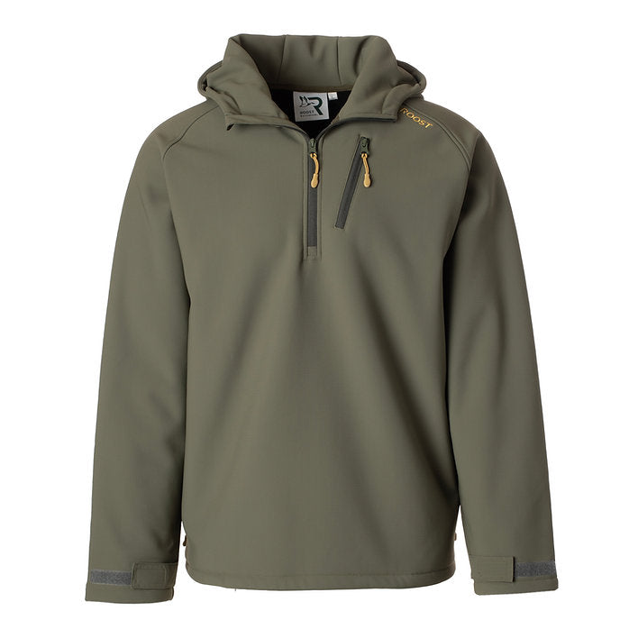 Green Roost Defender soft shell hooded quarter zip pullover with zippered pockets and adjustable sleeve details.