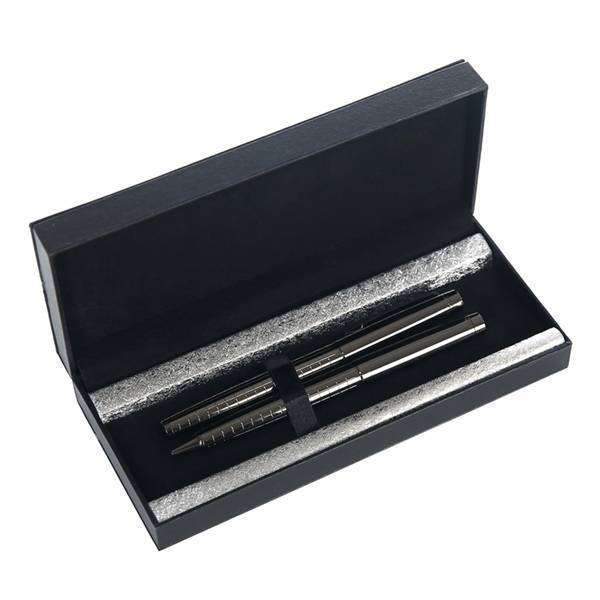 Set of pens in a black box with a white background