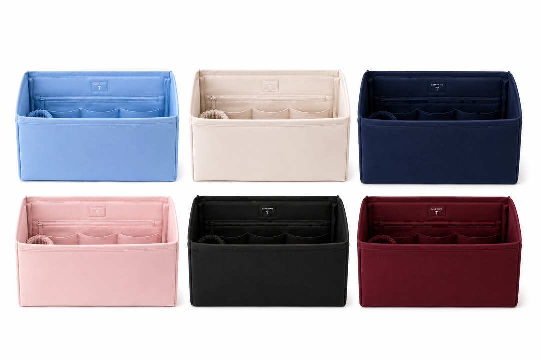 Case-Mate purse organizer inserts in ivory, light blue, navy, blush pink, black, and burgundy with interior zipper and storage pockets.