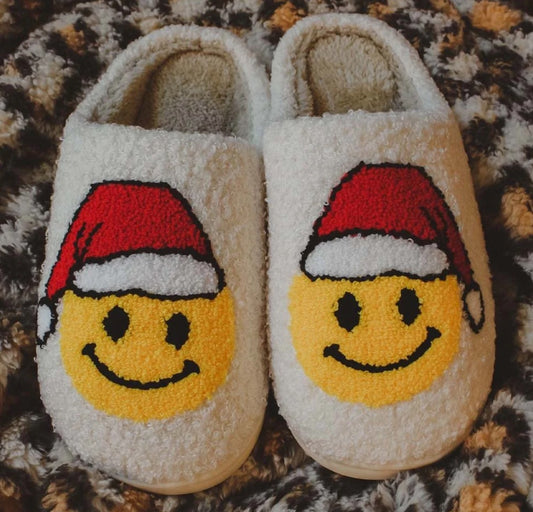 Santa Christmas Happy Face Sherpa Slippers
