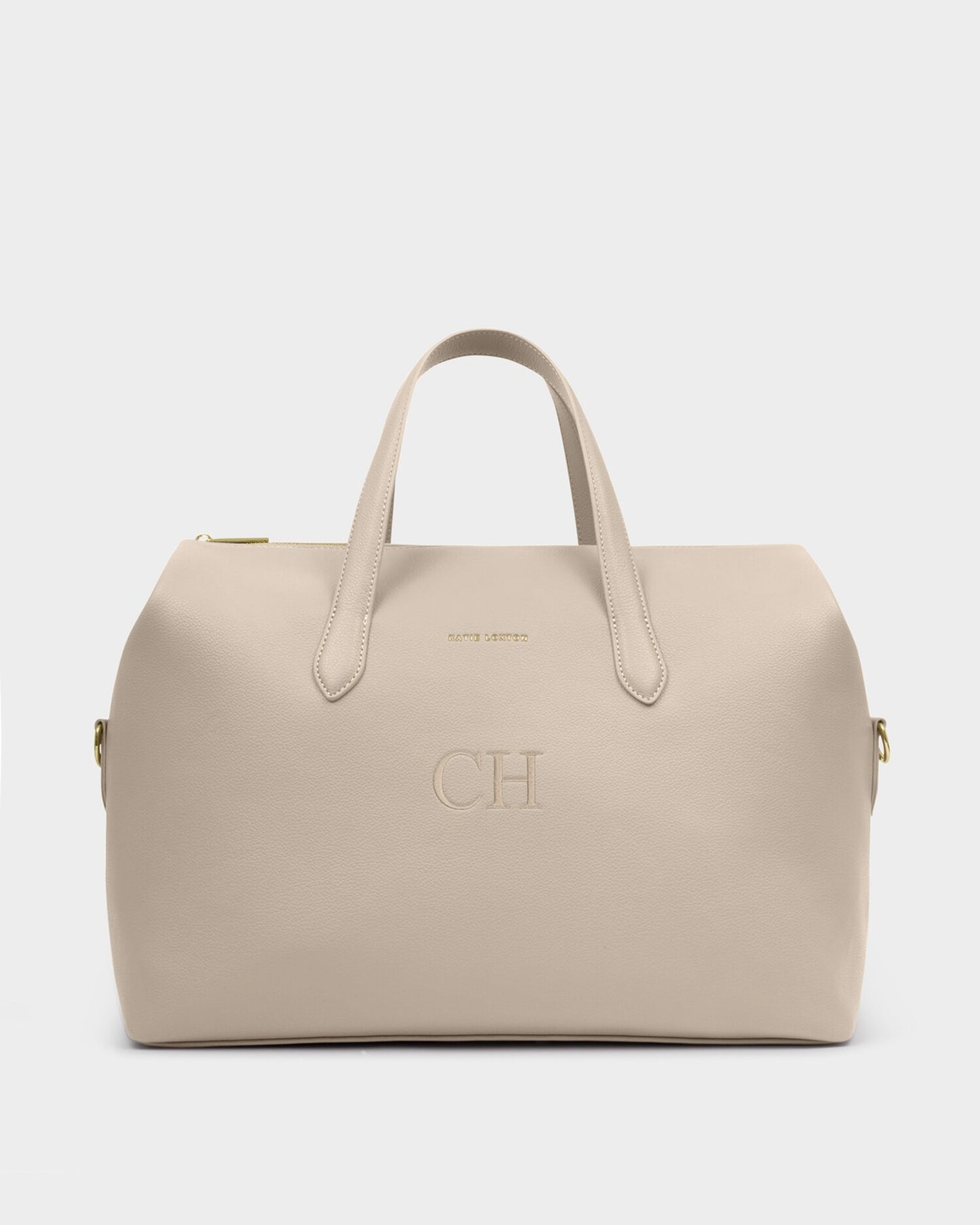 Katie Loxton Milan Cabin Bag in Oyster neutral vegan leather travel bag with top handles and optional monogram personalization.