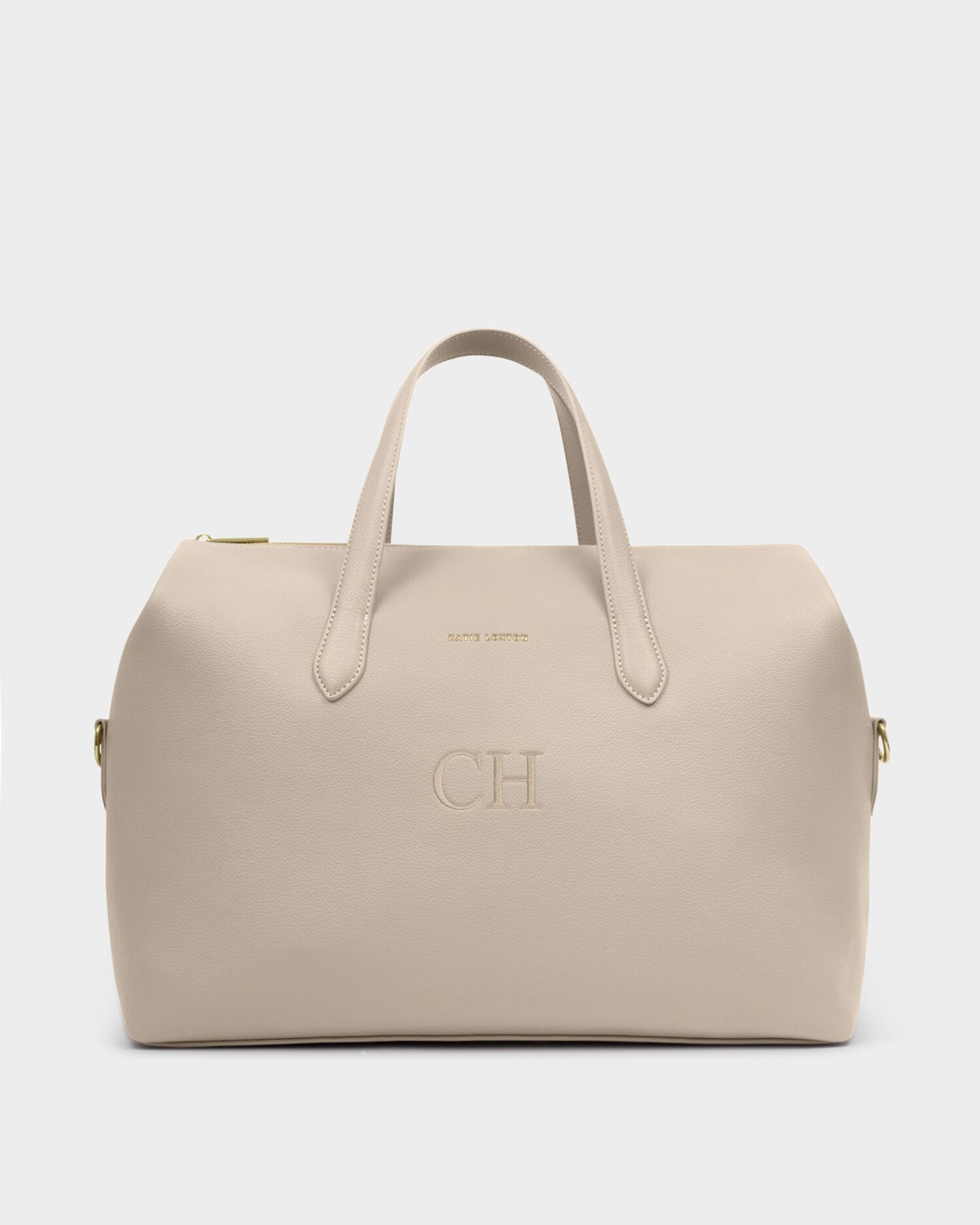 Katie Loxton Milan Cabin Bag in Oyster neutral vegan leather travel bag with top handles and optional monogram personalization.