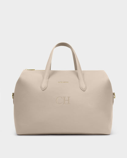 Katie Loxton Milan Cabin Bag in Oyster neutral vegan leather travel bag with top handles and optional monogram personalization.