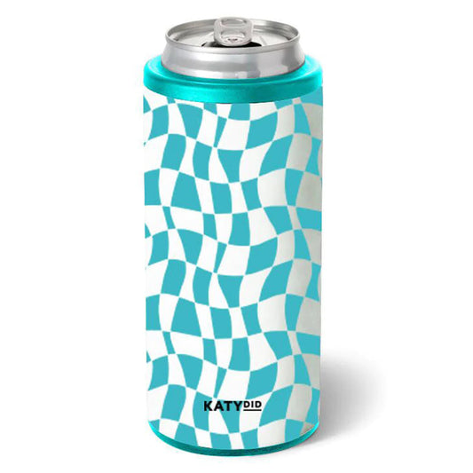 Aqua Checkered Pattern Slim Can Cooler